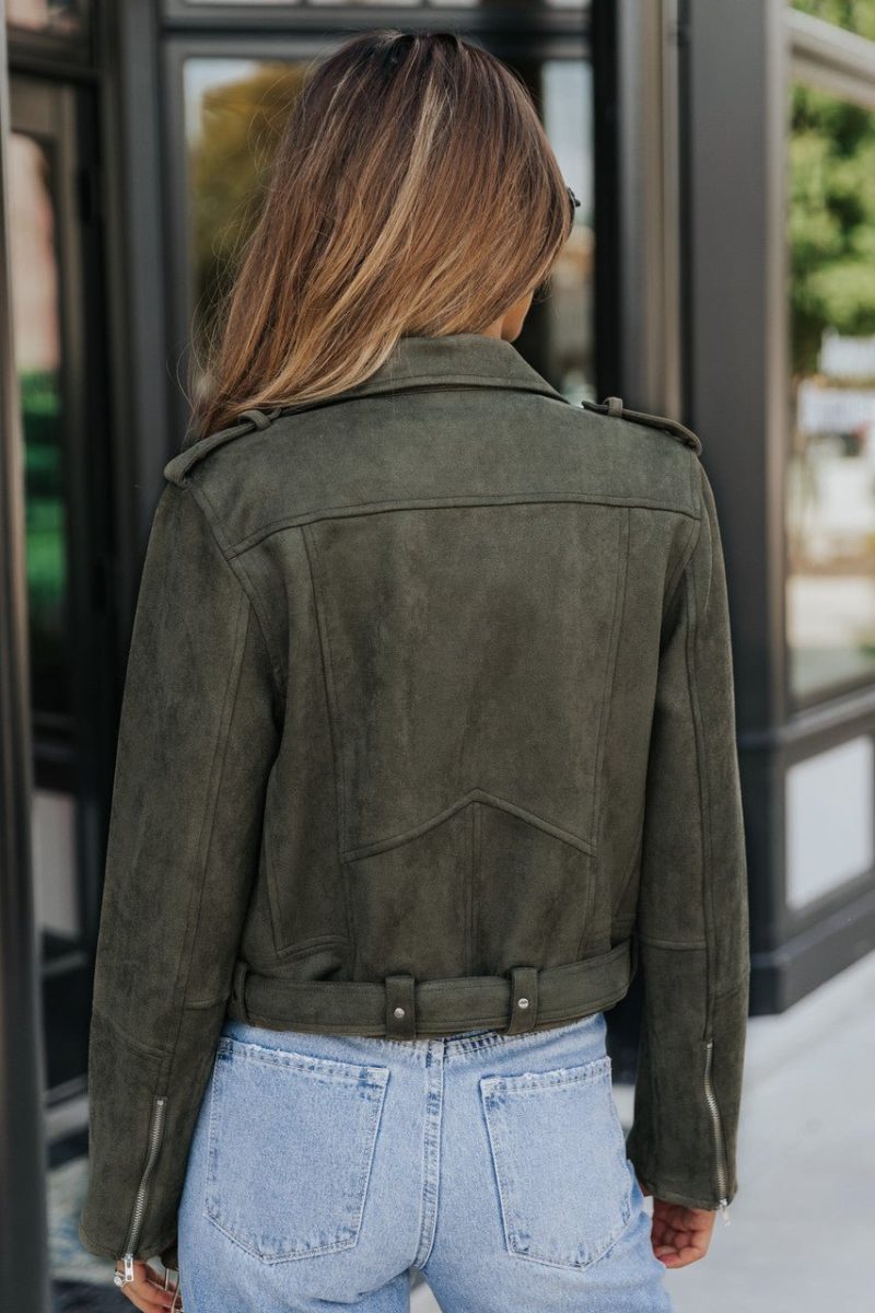 audrey olive green vegan suede moto jacket final sale 286830