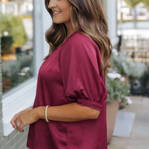 be seeing you puff sleeve satin top wine 184504