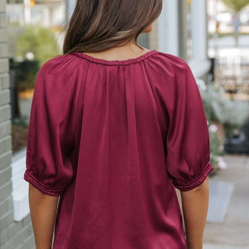 be seeing you puff sleeve satin top wine 283779