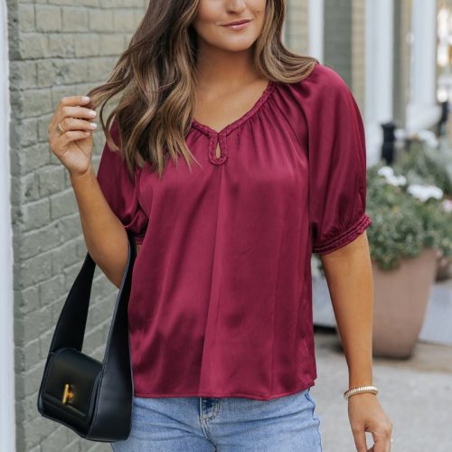 be seeing you puff sleeve satin top wine 469192