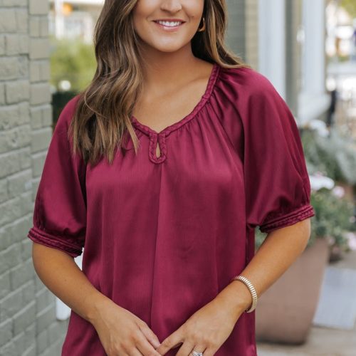 be seeing you puff sleeve satin top wine 616159