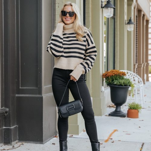 beige and black striped turtleneck sweater 141884