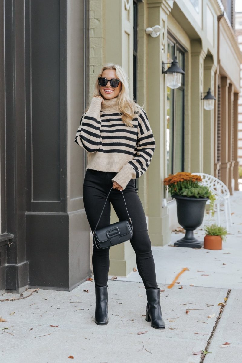 beige and black striped turtleneck sweater 141884