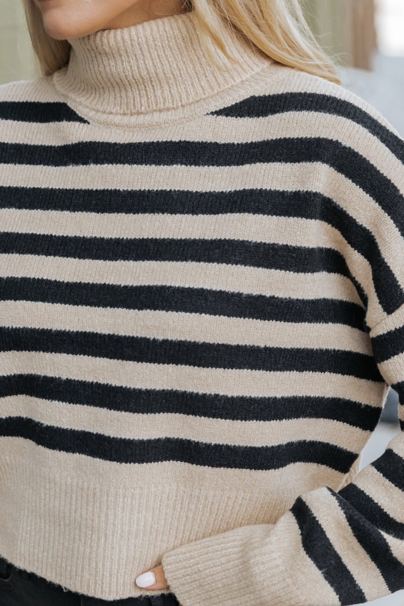 beige and black striped turtleneck sweater 243350