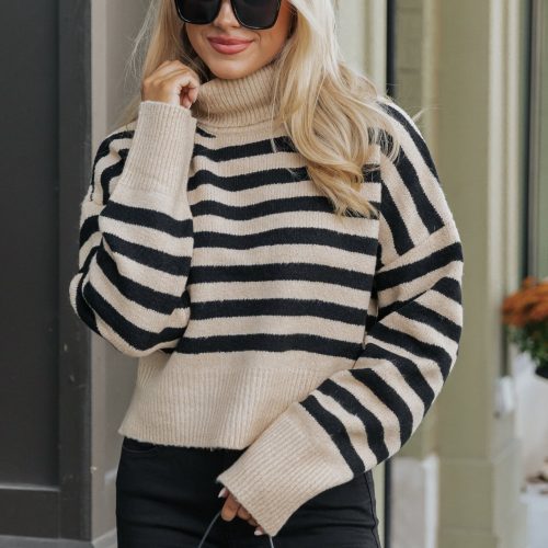 beige and black striped turtleneck sweater 245245