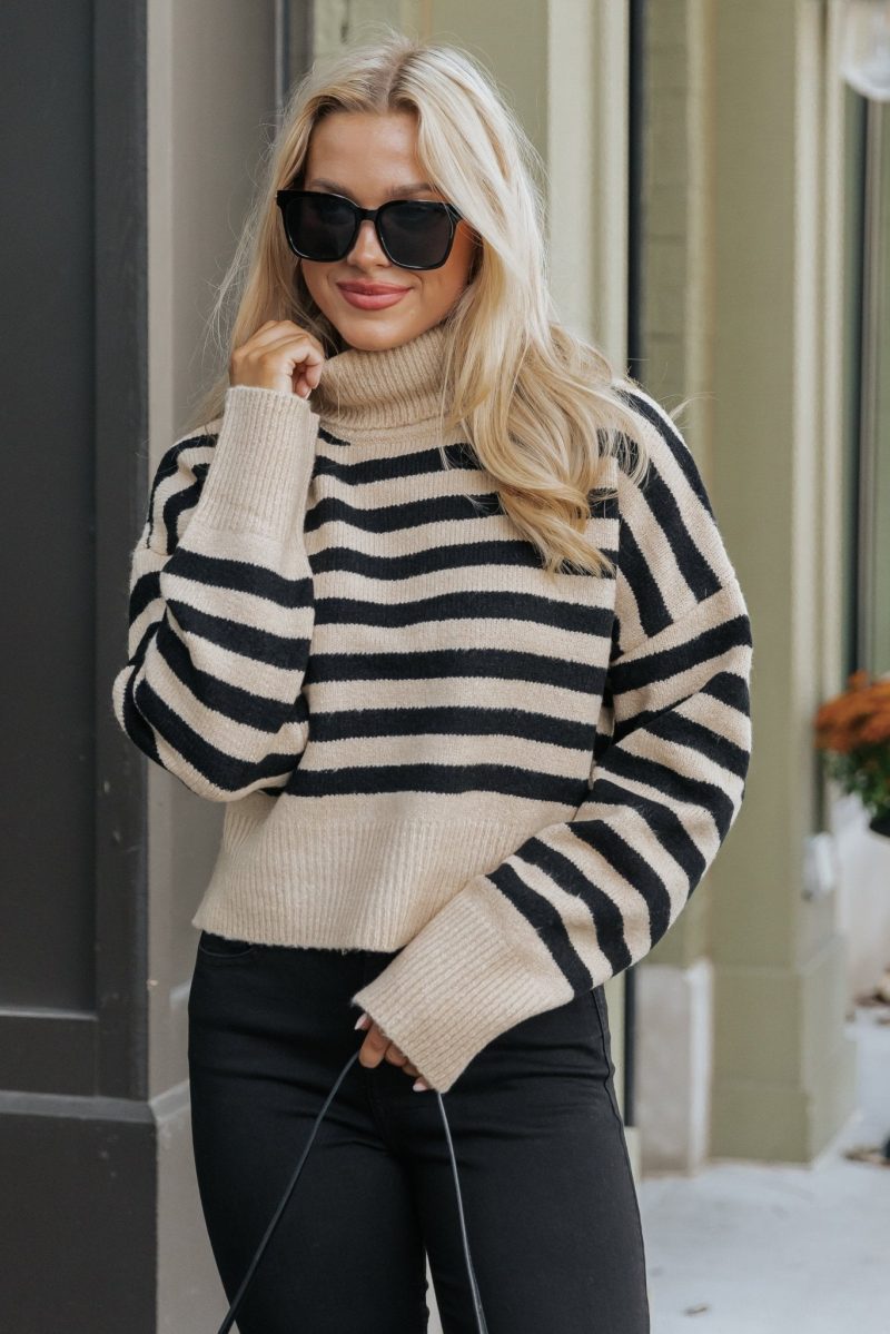 beige and black striped turtleneck sweater 245245