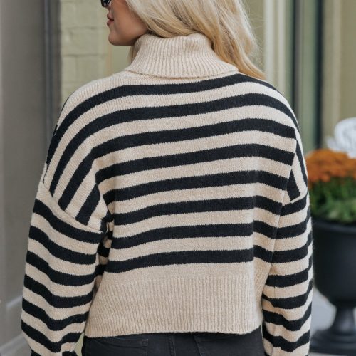 beige and black striped turtleneck sweater 847195