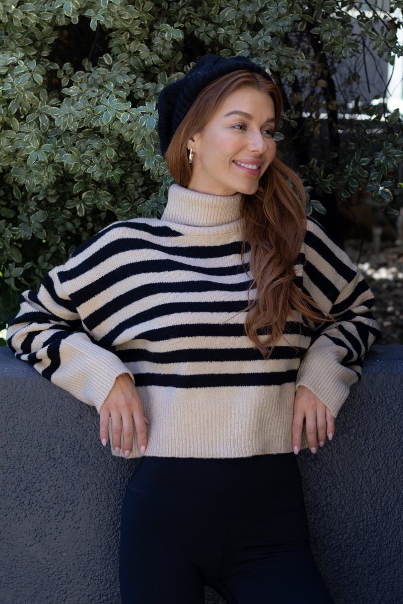 beige and black striped turtleneck sweater 892209