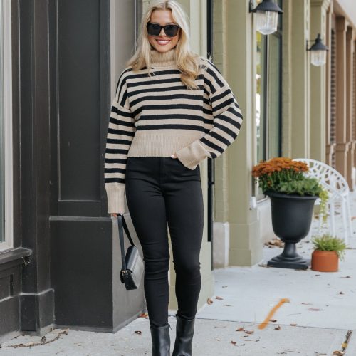 beige and black striped turtleneck sweater 899763