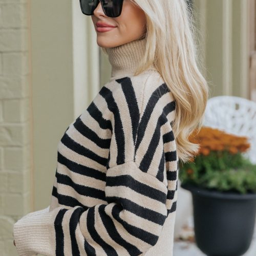 beige and black striped turtleneck sweater 950773