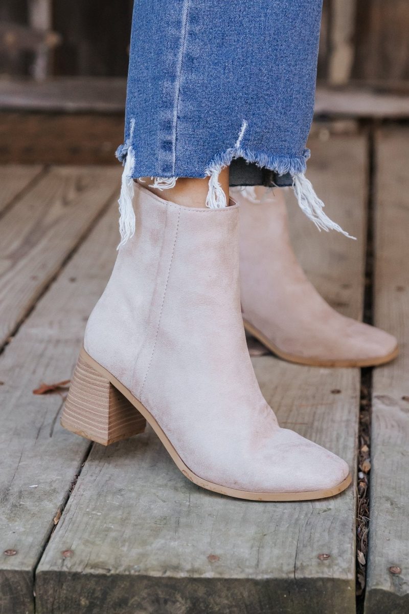 beige faux suede heeled ankle booties 124624