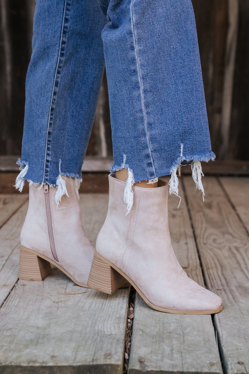 beige faux suede heeled ankle booties 157356