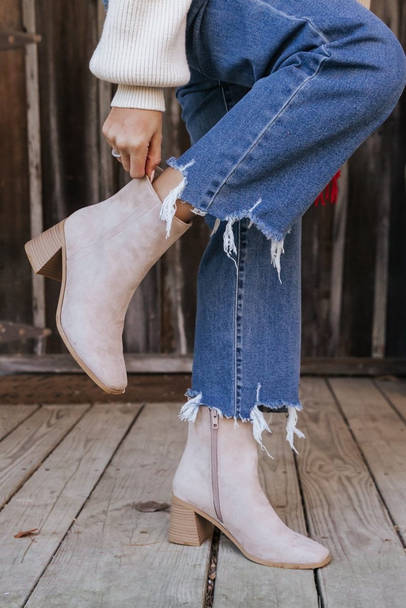 beige faux suede heeled ankle booties 612442