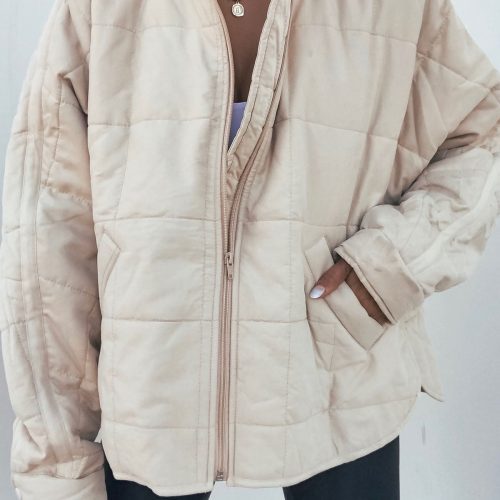 beige quilted zip up puffer jacket 386213