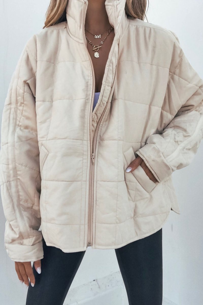 beige quilted zip up puffer jacket 386213