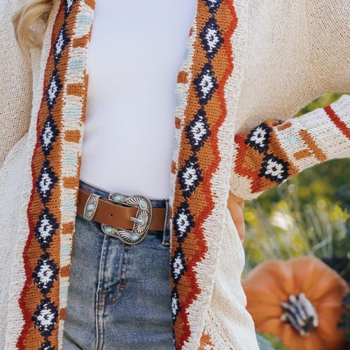 beige tribal print fringe duster cardigan 184461