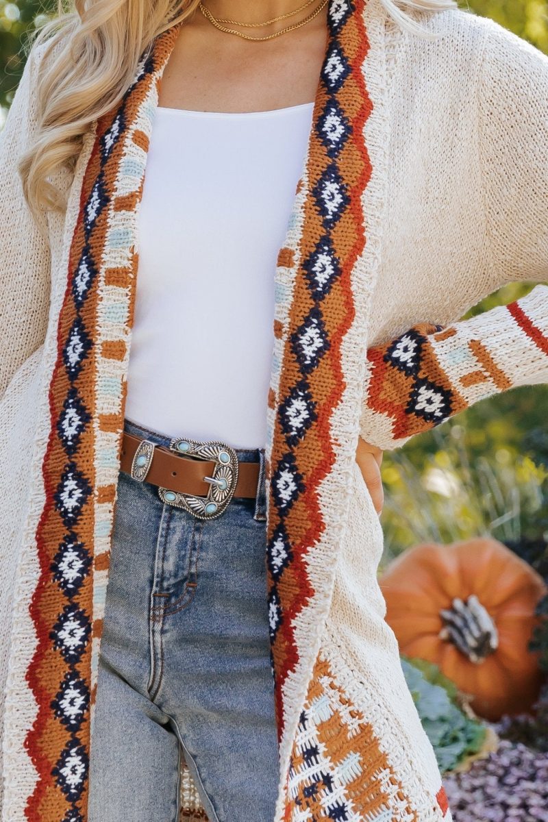 beige tribal print fringe duster cardigan 184461