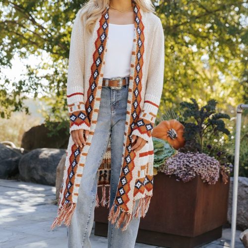 beige tribal print fringe duster cardigan 449989