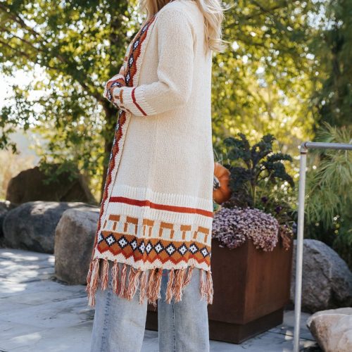 beige tribal print fringe duster cardigan 771817