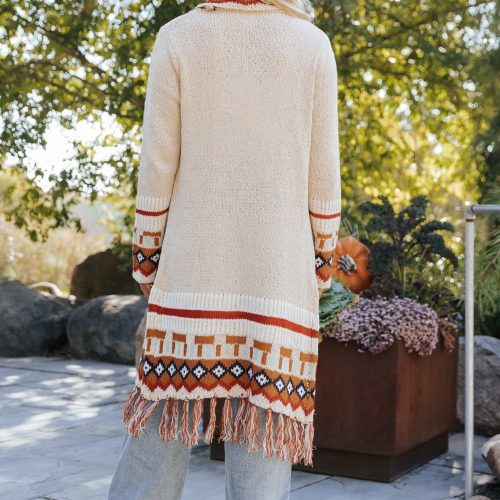 beige tribal print fringe duster cardigan 860331