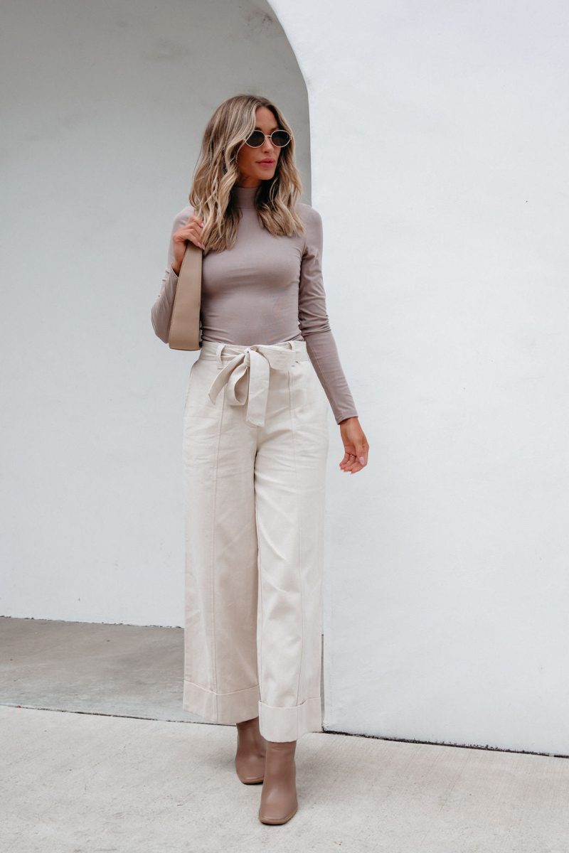 belted wide leg cuffed pants natural 118135