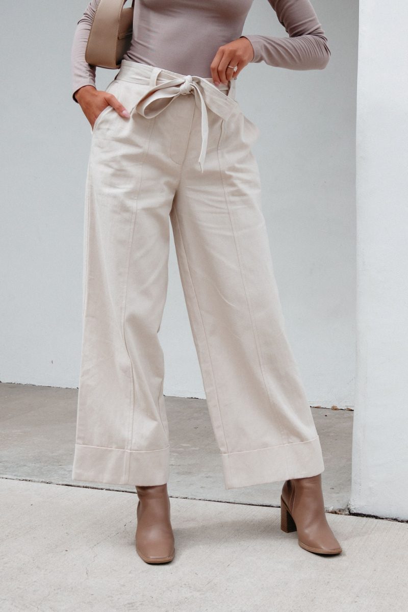 belted wide leg cuffed pants natural 152778