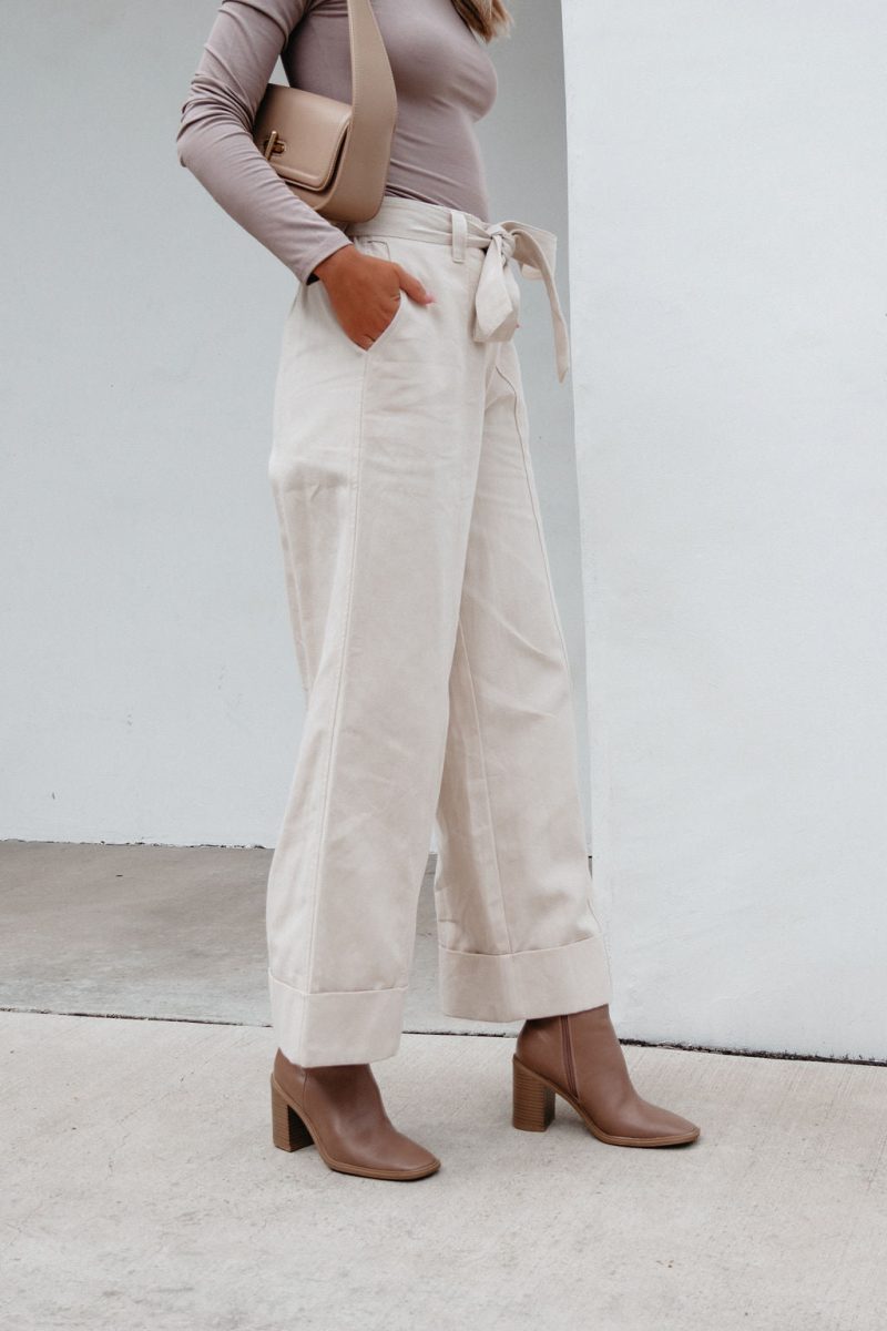 belted wide leg cuffed pants natural 264184