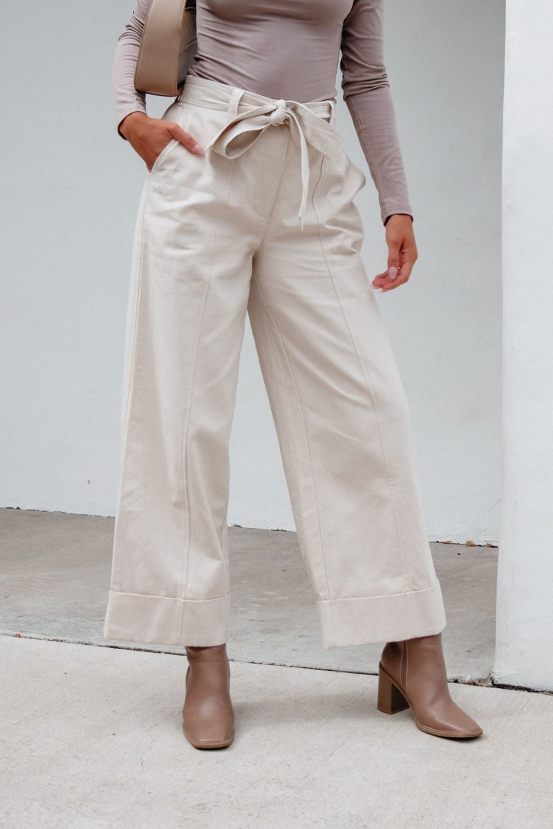 belted wide leg cuffed pants natural 288224