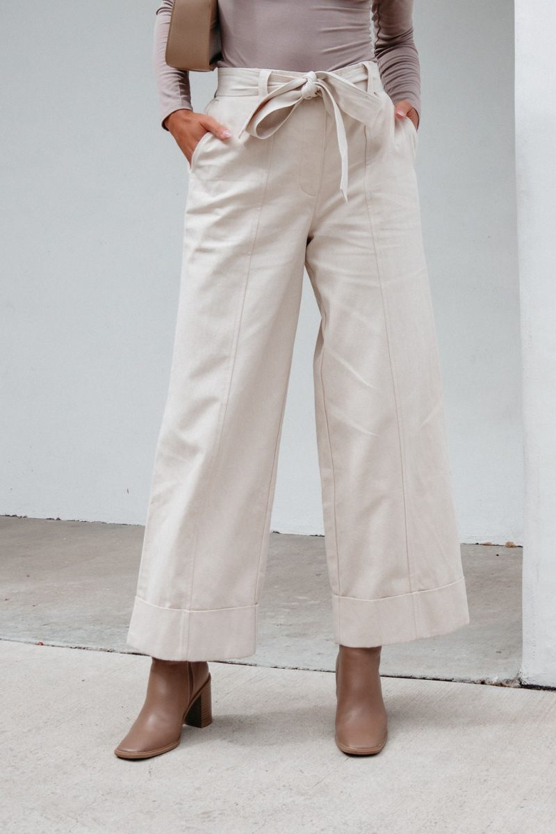 belted wide leg cuffed pants natural 346308