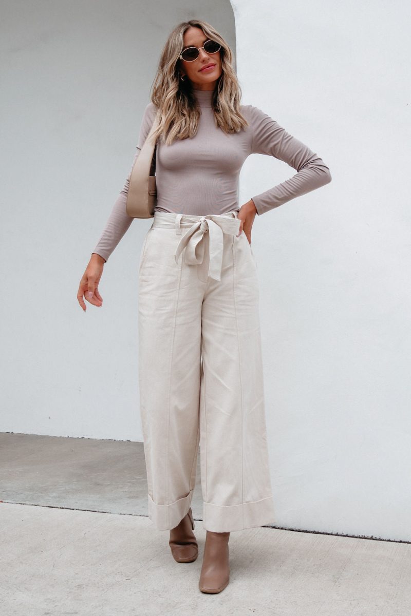 belted wide leg cuffed pants natural 524427