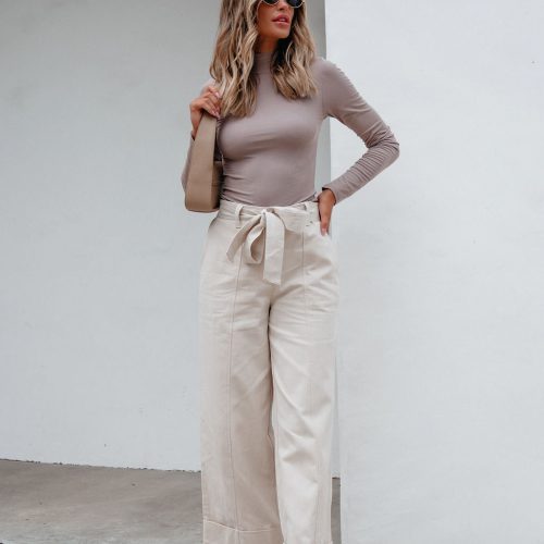 belted wide leg cuffed pants natural 683940