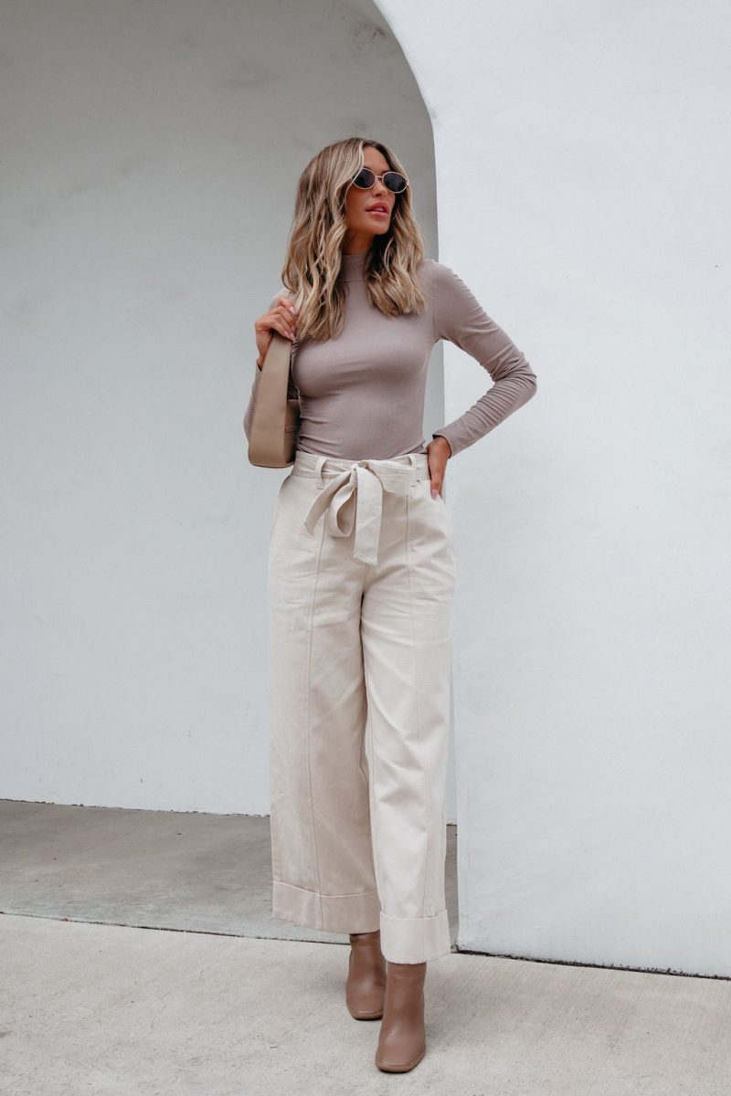 belted wide leg cuffed pants natural 683940