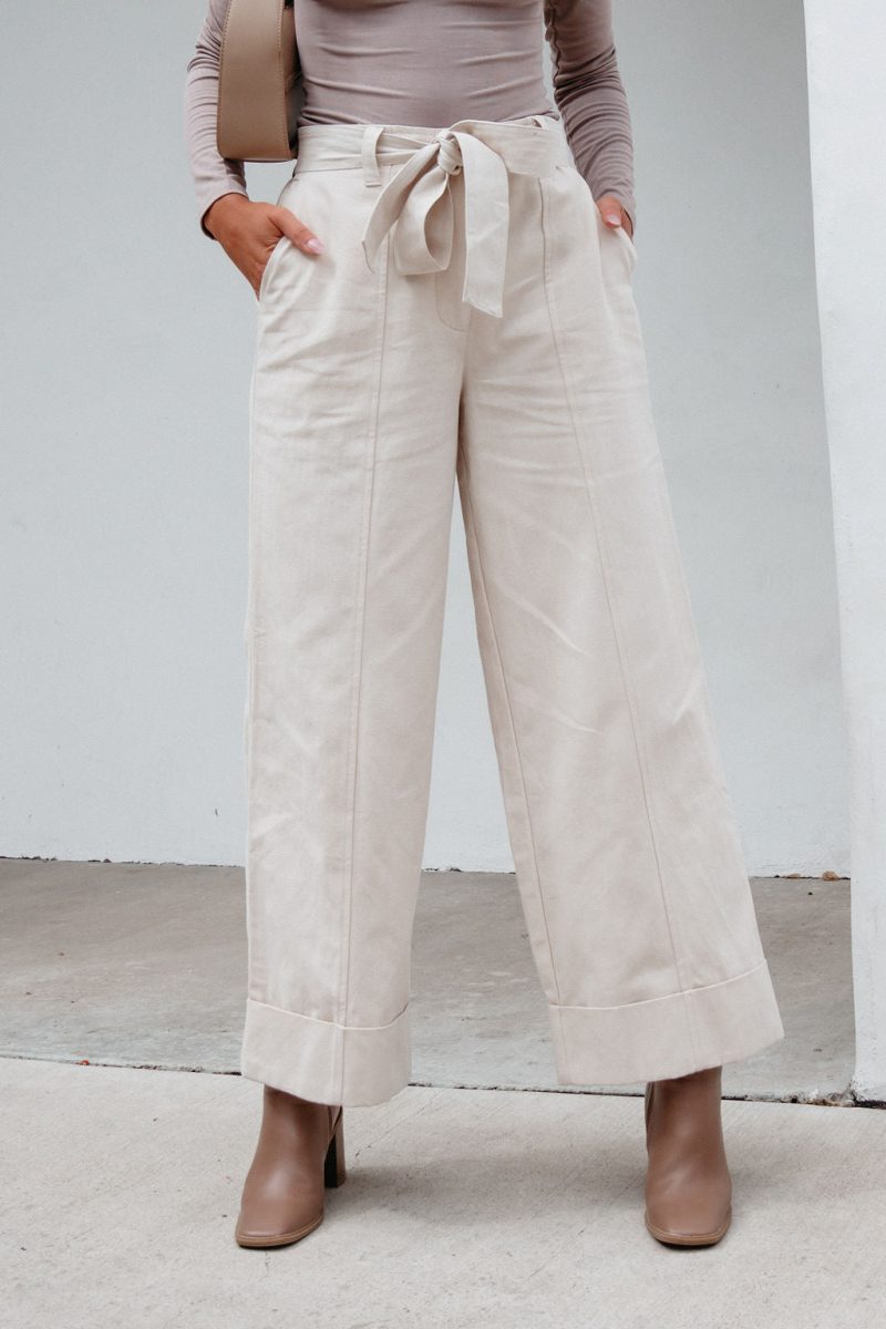 belted wide leg cuffed pants natural 836862