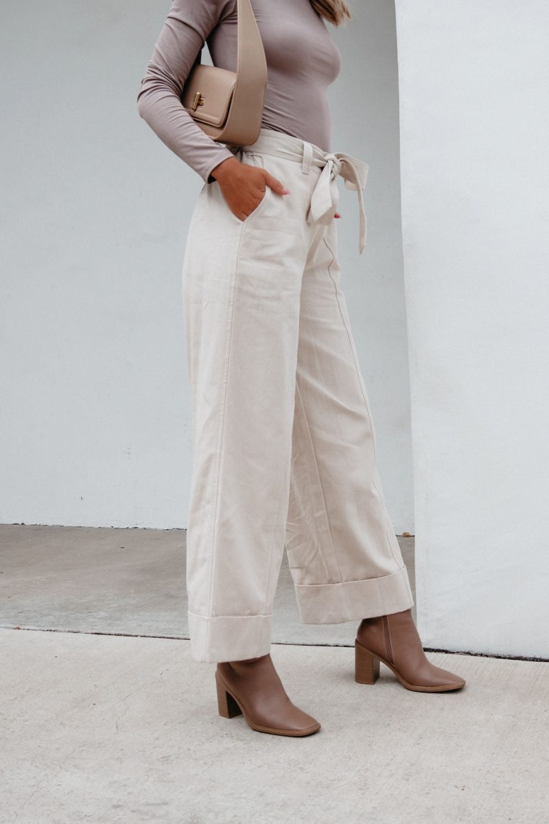 belted wide leg cuffed pants natural 862182