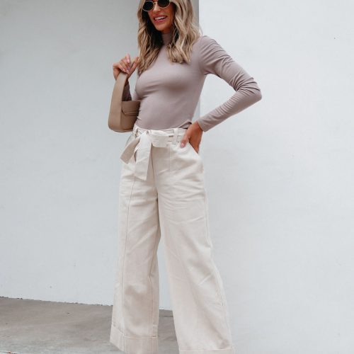 belted wide leg cuffed pants natural 907402