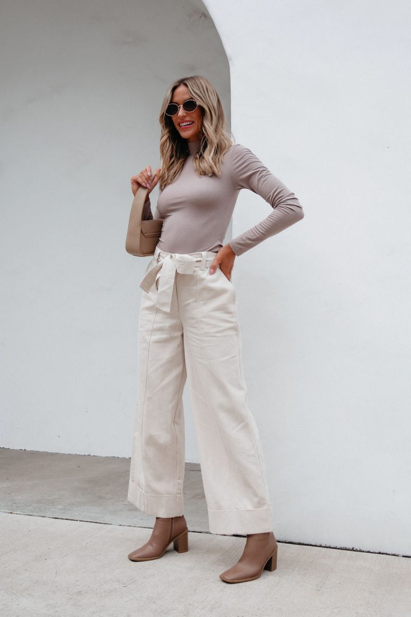 belted wide leg cuffed pants natural 907402