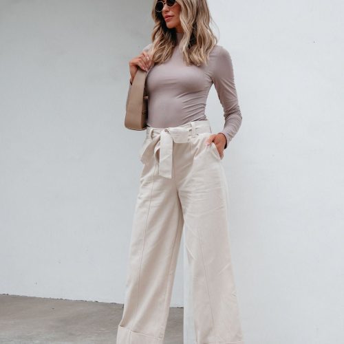 belted wide leg cuffed pants natural 998623