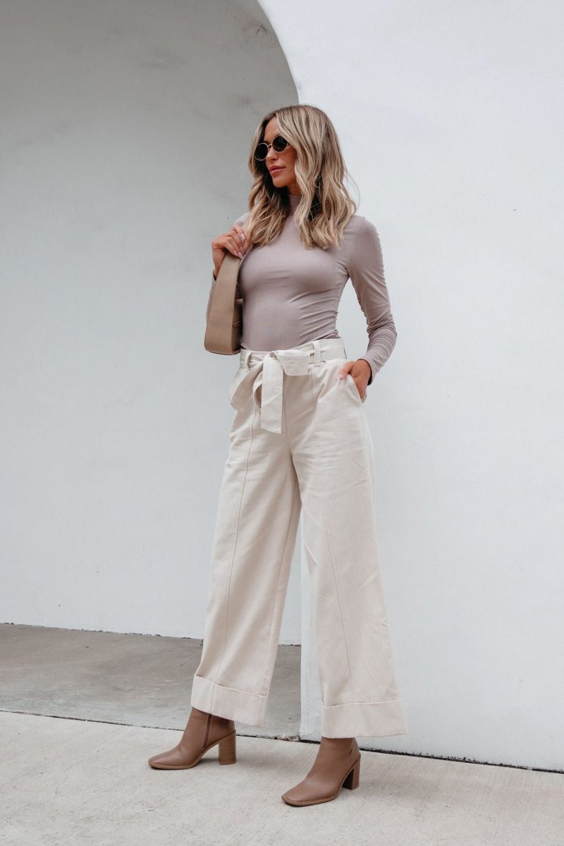 belted wide leg cuffed pants natural 998623