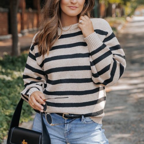 black and mocha striped pullover sweater 794643