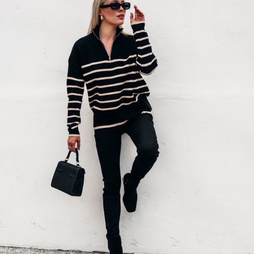 black and taupe striped zip up sweater 160287