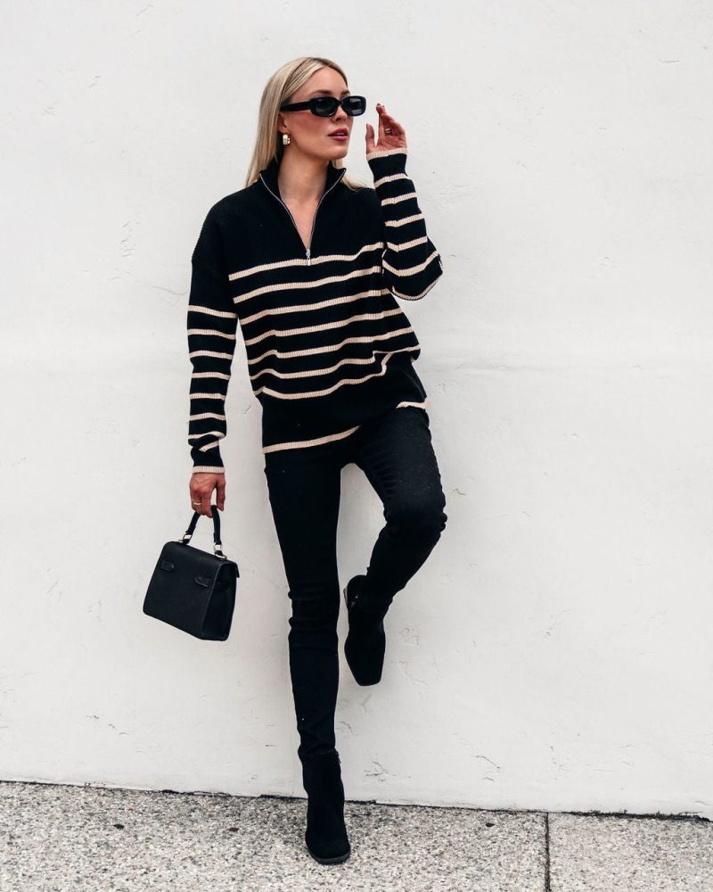 black and taupe striped zip up sweater 160287