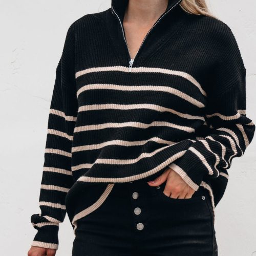 black and taupe striped zip up sweater 640972