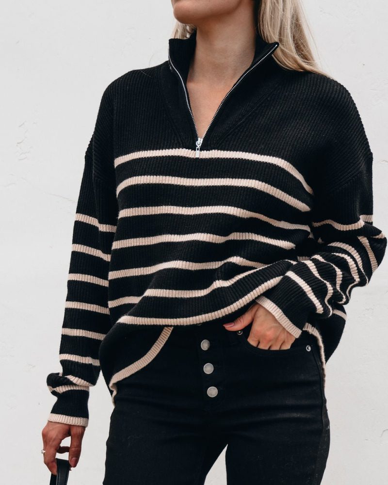 black and taupe striped zip up sweater 640972