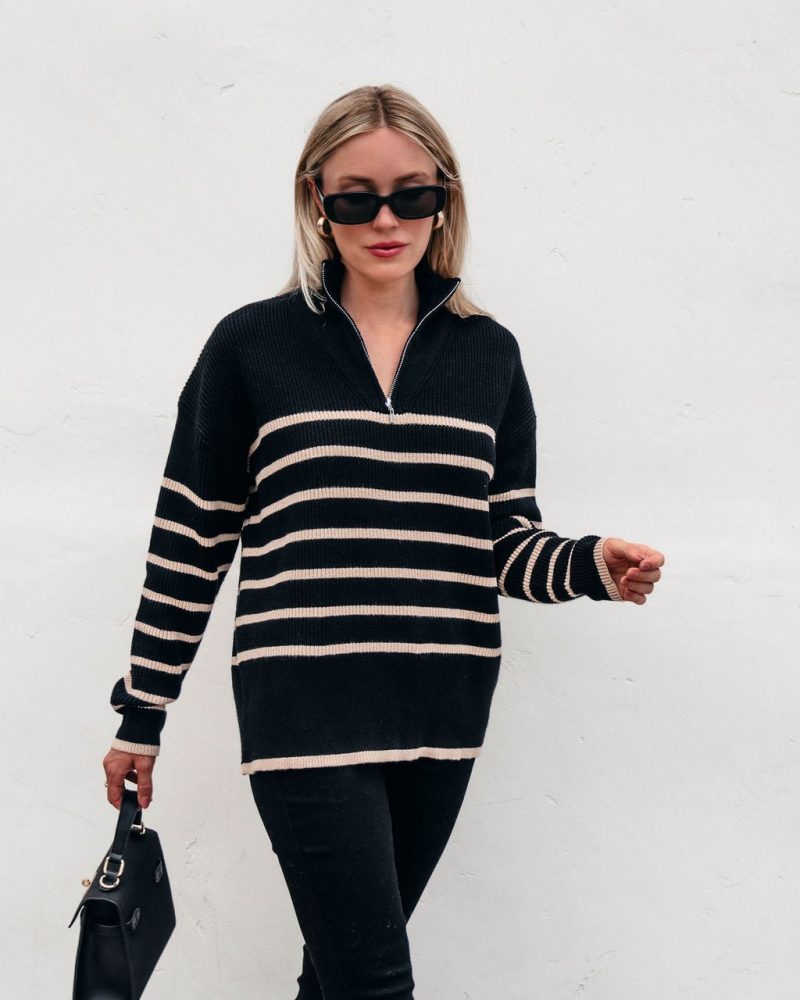 black and taupe striped zip up sweater 649620