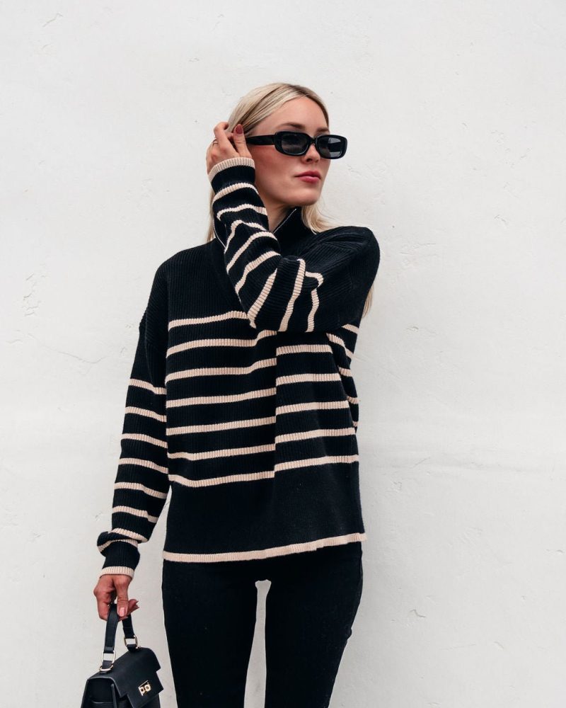 black and taupe striped zip up sweater 710767