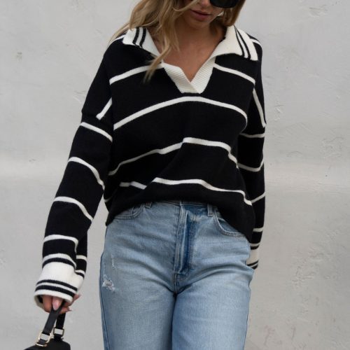 black and white stripe collared sweater 335884