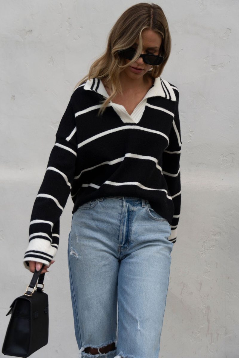 black and white stripe collared sweater 335884