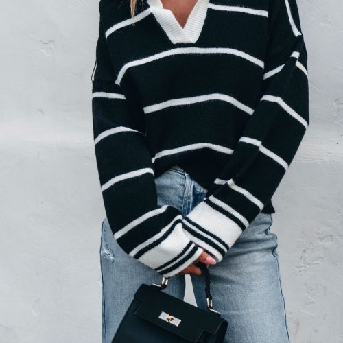 black and white stripe collared sweater 526548