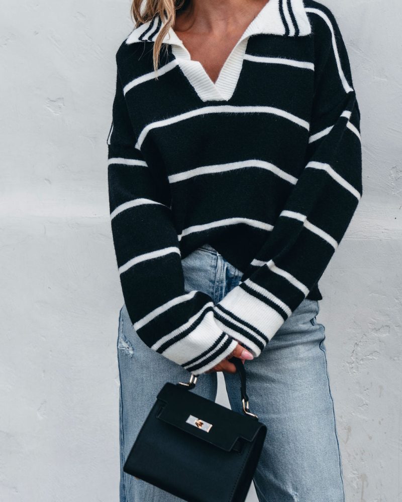 black and white stripe collared sweater 526548