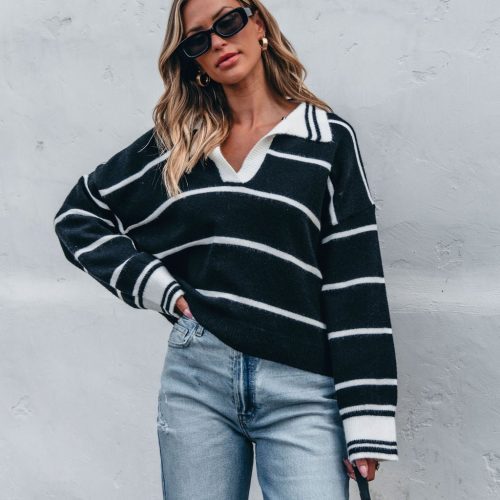 black and white stripe collared sweater 795595